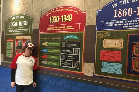 An exhibit at the Jewish baseball museum at Milts Extra Innings in Chicago. At left is deli worker Zahava Auerbach. (Ellen Braunstein)