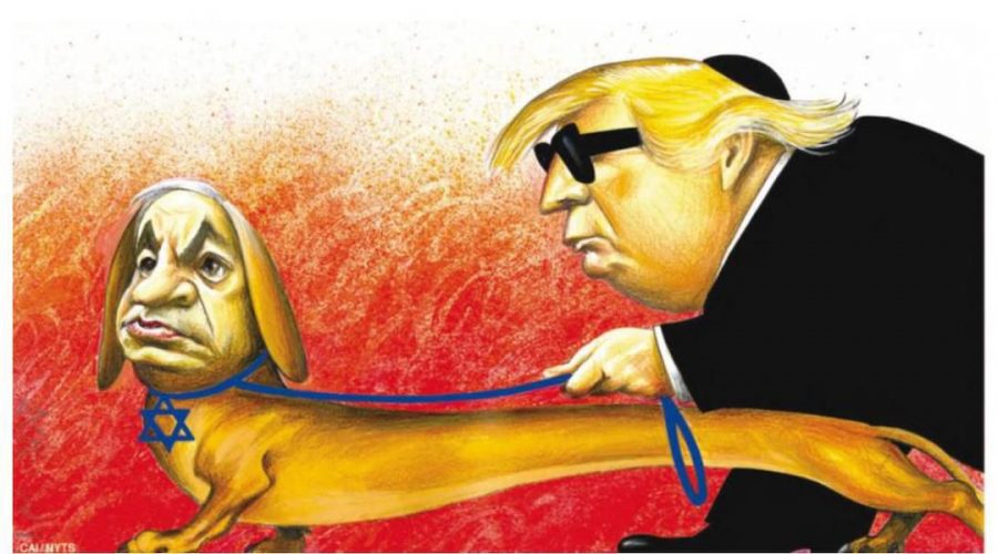 The New York Times published a cartoon that depicted Israeli Prime Minister Benjamin Netanyahu as a guide dog wearing a Star of David collar and leading President Donald Trump, who is wearing a black kippah. (New York Times)
