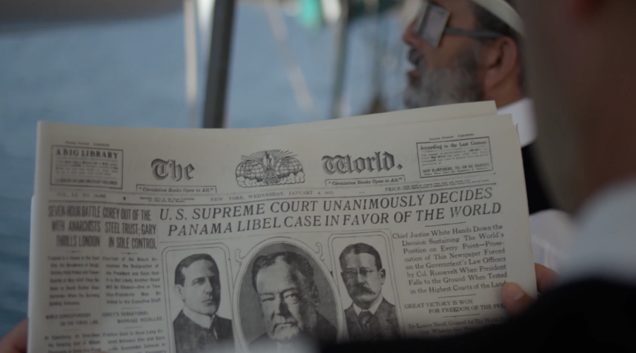 A scene from “Joseph Pulitzer: Voice of the People” shows an old edition of the New York World, Pulitzer’s influential paper. (First Run Features)