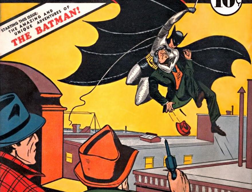 Batman’s first appearance in May 1939, on the cover of Detective Comics number 27. Batman was created by Bob Kane and Bill Finger, though Finger’s contribution would go unrecognized for decades.