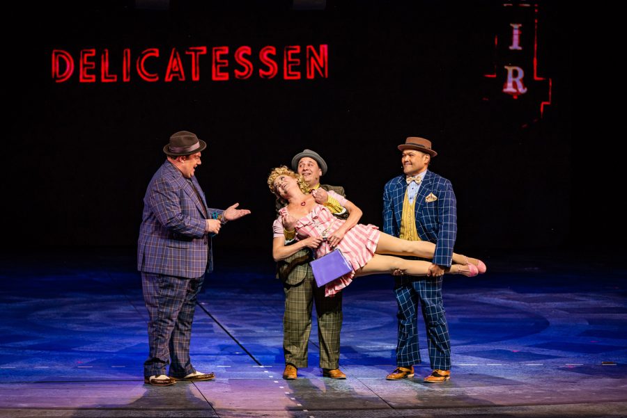 From left, Jordan Gelber, Kendra-Kassebaum, Jared-Gertner and Orville-Mendoza perform in the Muny production of Guys and Dolls. Photo: Phillip Hamer/THE MUNY 