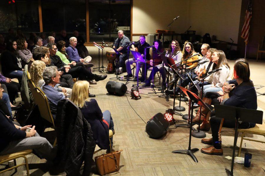 Greta Rosenstock (shown singing at right) performs during the ‘Jewish Rock Radio Live Across America - St Louis Sings” event at Congregation Shaare Emeth last week. Rosenstock is one of 12 finalists in the second annual Jewish Star Talent Search. Photo: Bill Motchan