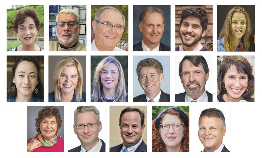 Top row, from left: Alice Ludmer, Barry Lasky, Bud Rosenbaum, Charles Elbert, Eitan Kantor, and Erin Slutzky. Second row, from left: Kara Moskowitz, Kara Newmark, Lori Lander, Mark Sophir, Mark Temkin and Martha Sneider. Third row, from left: Joan Szymanski, Richard Tishler, Rabbi Ryan Dulkin, Sara Winkelman and Steve Becker. 