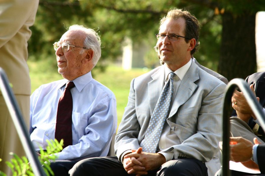 Philanthropists I.E. Millstone (left) and Michael Staenberg look on during a 2007 groundbreaking for the Jewish Community Center’s planned Staenberg Family Complex. The J’s new fitness and wellness building would open in 2009, marking the start of a series of major construction and renovation projects of Jewish community institutions on the Millstone Campus during the past decade. File photo: Mike Sherwin