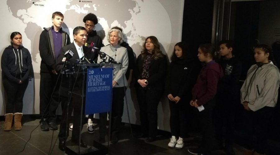 New York City Schools Chancellor Richard Carranza speaks at a news conference prior to a students tour of the Museum of Jewish Heritage in New York City, Jan. 15, 2020. (Ben Sales) 