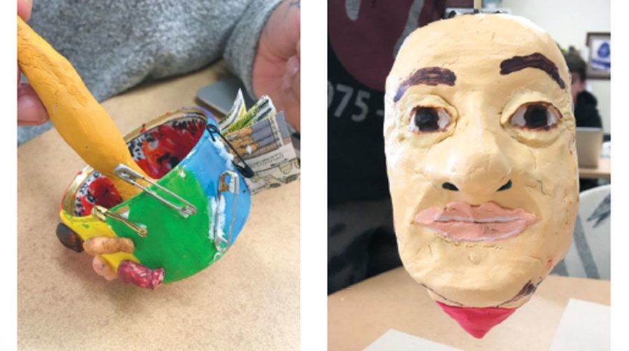 At left, eighth grader Zahara Kiernan’s second-place dreidel design pays homage to Rabbi Arthur Ocean Waskow, an American author and political activist associated with the Jewish Renewal movement while Yeshara Reznikov’s third-place dreidel (right) celebrates former Israeli Prime Minister Golda Meir. 