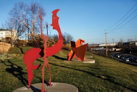 Weekday morning traffic going south on Lindbergh Boulevard passes by the steel sculptures adorning the hillside of the I.E. Millstone Jewish Community Campus. Sprinkled throughout the campus are a total of 215 pieces of art. Photo: Mike Sherwin
