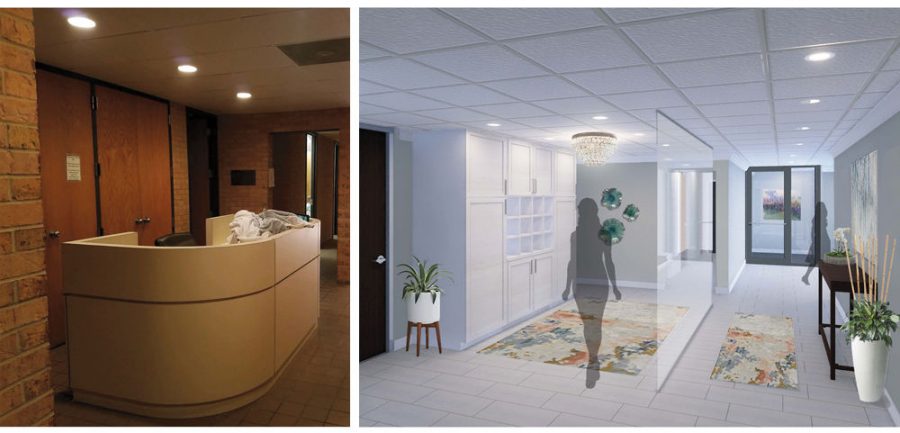 A before (left) and after image of one of the interior spaces of the currently under-construction Staenberg Family Foundation Mikvah on the Millstone Campus. 