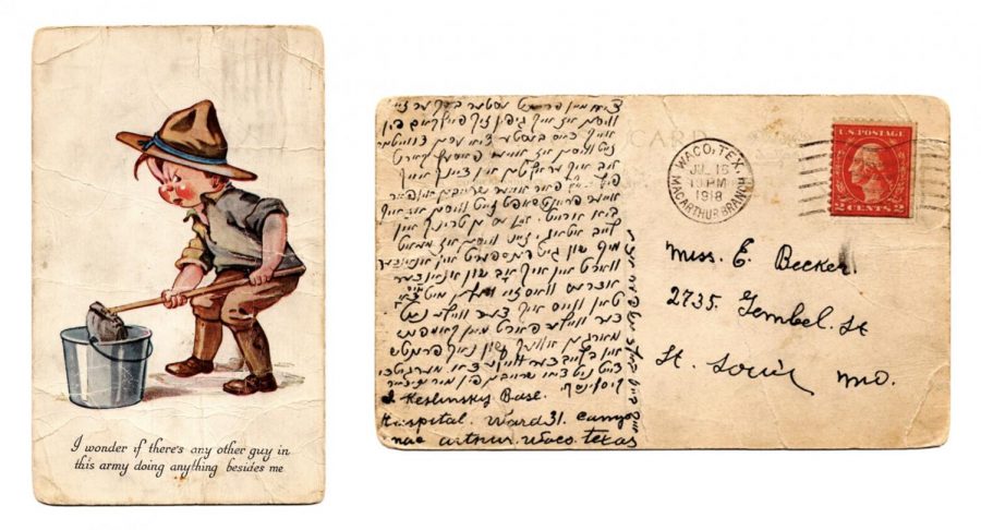 Front and back of a postcard with a message written in Yiddish from Isadore Kessler to his future fiancée, Esther Becker.