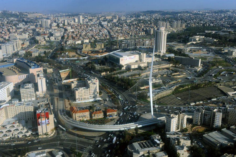 June 25, 2009: Bridge of Strings Opens - The Bridge of Strings is prominent in an aerial view of the entrance to Jerusalem in 2011.