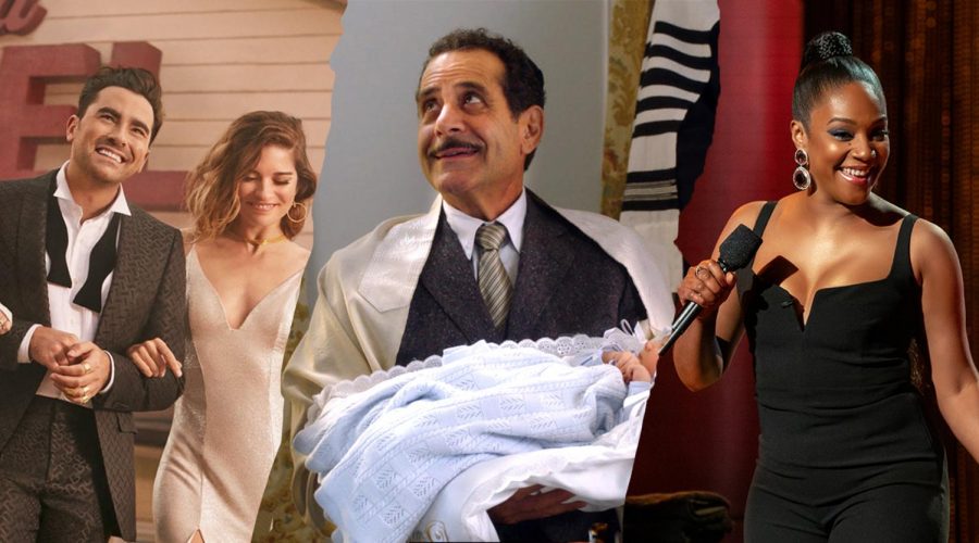 Among the 2020 Emmy Awards nominations were, from left, Schitts Creek, The Marvelous Mrs. Maisel and Black Mitzvah. (Image design by Emily Burack/Stills via Pop TV/Amazon Prime/Netflix)
