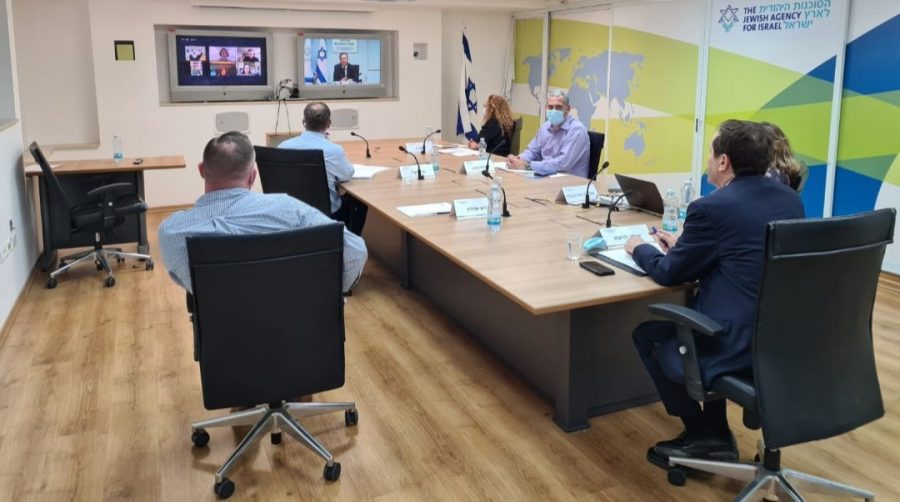 Jewish Agency staff members in Jerusalem during a briefing about the effects of the coronavirus crisis on Diaspora Jewish communities, July 8, 2020. (Courtesy of the Jewish Agency)  