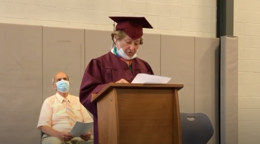 Miriam Schreiber speaks after being presented with an honorary diploma at the New England Jewish Academy in Hartford, Conn., Aug. 16, 2020. (Screenshot from YouTube) 