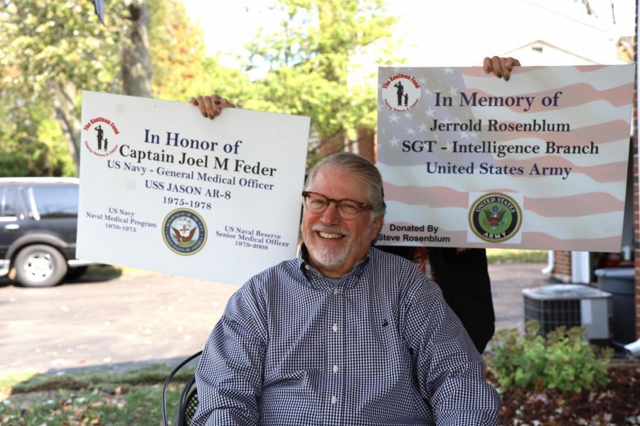 Steve+Rosenblum+is+shown+with+signs+from+The+Kaufman+Fund+golf+tournament%2C+which+he+helps+arrange.+Rosenblum+is+a+board+member+of+The+Kaufman+Fund%2C+an+organization+that+works+to+assist+veterans.+Photo%3A+Bill+Motchan