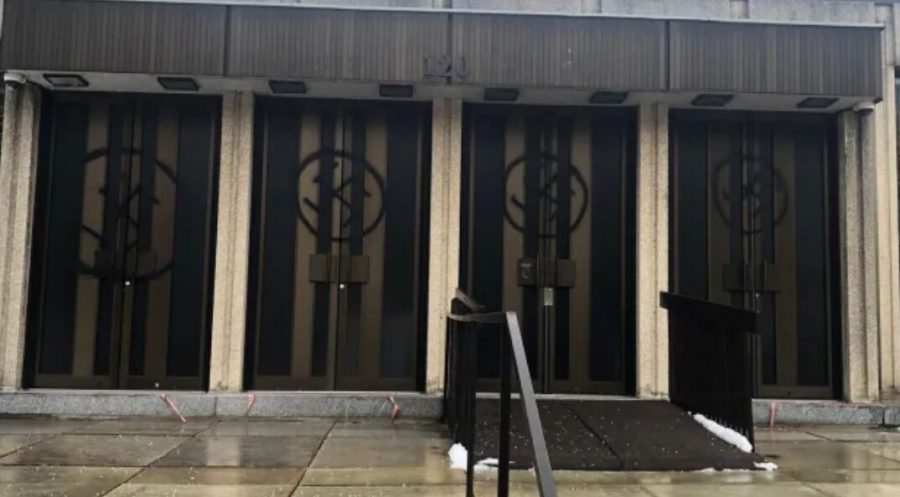 Swastikas were spray-painted on Montreals Congregation Shaar Hashomayims front doors Jan. 13, 2021. (Photo distributed by Friends of Simon Wiesenthal Center)