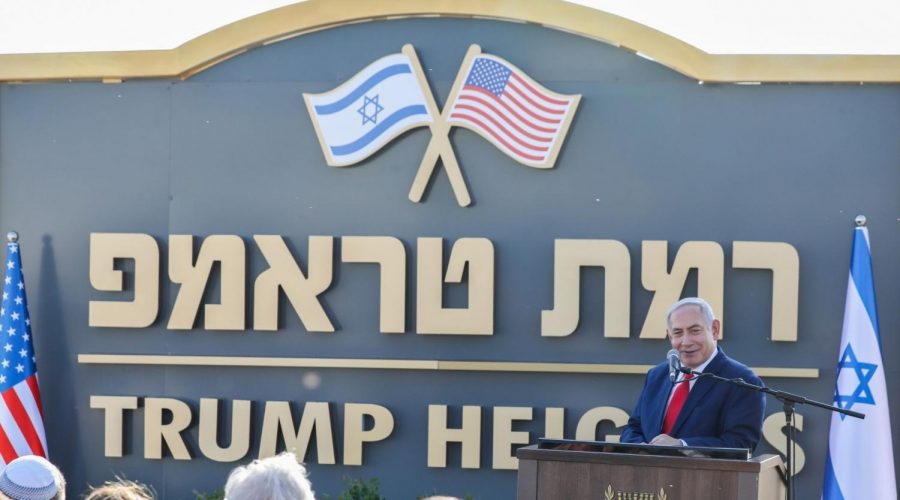 Prime Minister Benjamin Netanyahu introduces the new Golan Heights community of Ramat Trump, or Trump Heights, in honor of President Donald Trump to thank him for recognizing Israel’s sovereignty over the strategic territory, June 16, 2019. (David Cohen/Flash90) 