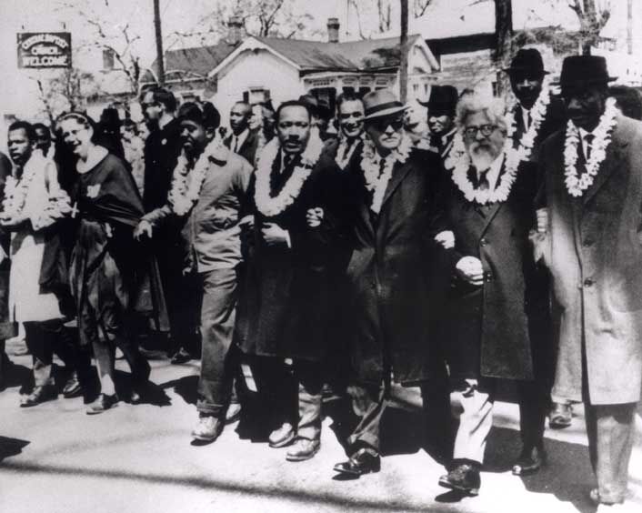 Rabbi Abraham Joshua Heschel, second from right, marching with the Rev. Dr. Martin Luther King, Jr. in the second Selma to Montgomery, Ala. civil rights march on Mar. 21, 1965.