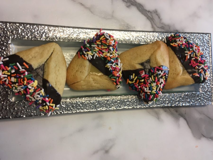 Toby Elefant's chocolate-dipped hamantaschen with sprinkles.