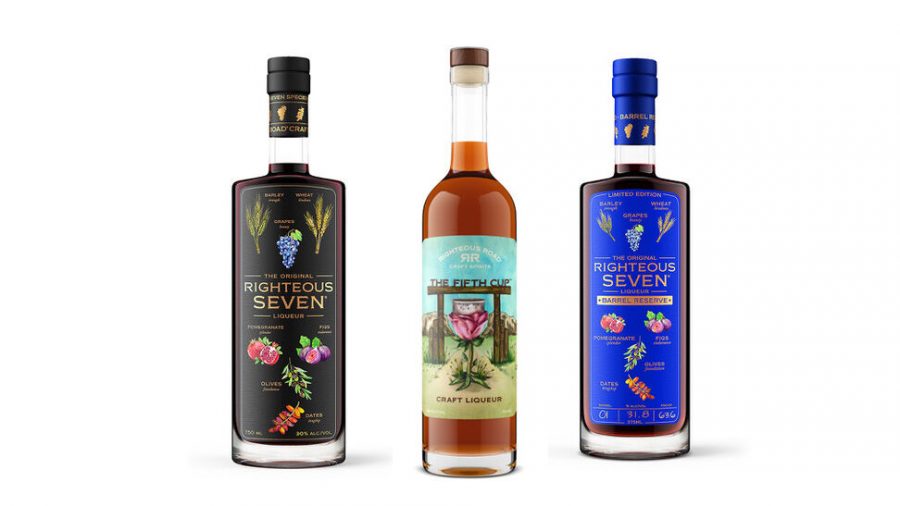 Bottles of David Hermelin's kosher craft liqueurs: Righteous Seven, The Fifth Cup (which is kosher for Passover) and Righteous Seven Barrel Reserve.