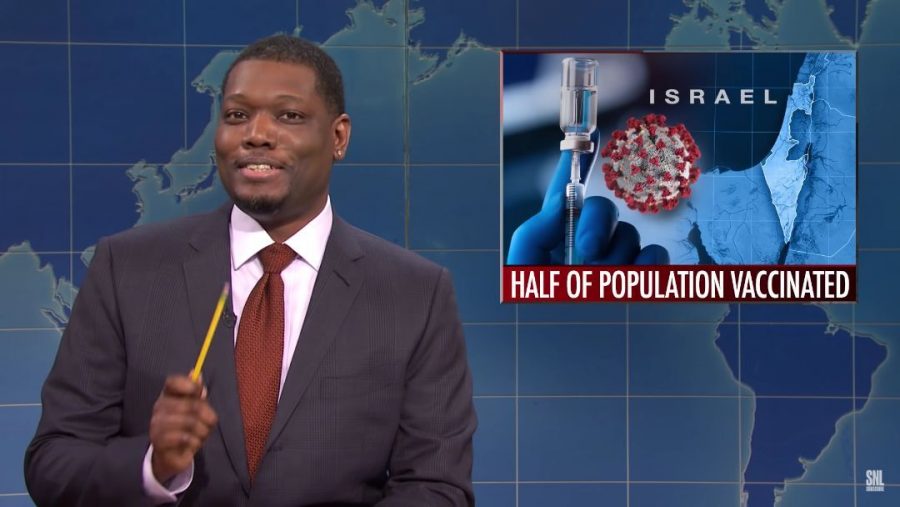 Michael Che makes a joke about Israels vaccine rollout on Saturday Night Live on Feb. 20, 2021. (Screen shot from YouTube)