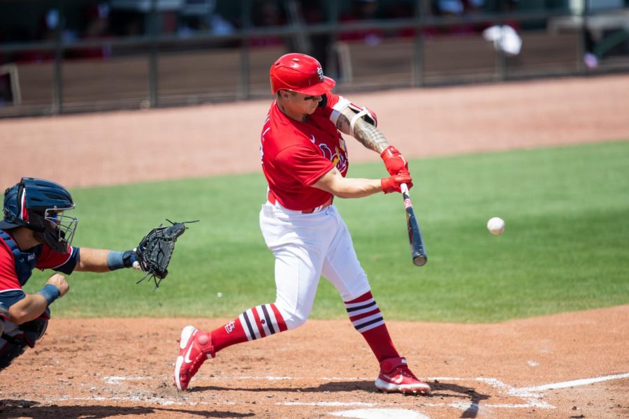 Mar 15, 2021; Jupiter, Florida, USA; St. Louis Cardinals left fielder Tyler ONeill (27) bats during a spring training game between the Washington Nationals and the St. Louis Cardinals at Roger Dean Chevrolet Stadium. Mandatory Credit: Mary Holt-USA TODAY Sports