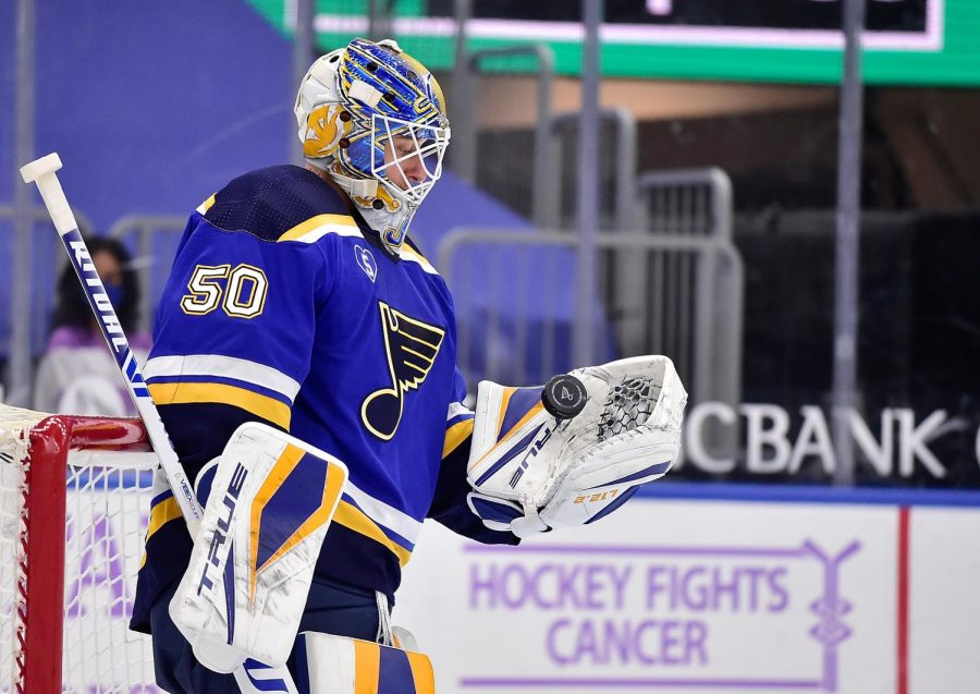 Apr+7%2C+2021%3B+St.+Louis%2C+Missouri%2C+USA%3B+St.+Louis+Blues+goaltender+Jordan+Binnington+%2850%29+flips+the+puck+out+of+his+glove+after+making+a+save+during+the+first+period+against+the+Vegas+Golden+Knights+at+Enterprise+Center.+Mandatory+Credit%3A+Jeff+Curry-USA+TODAY+Sports