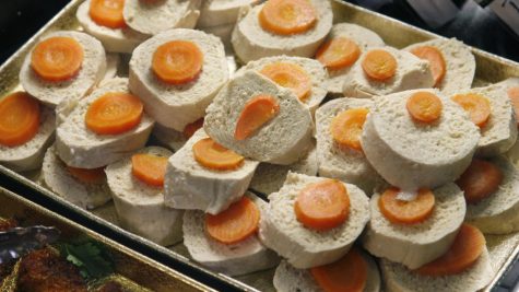 Tray of gefilte fish at the take-out store.