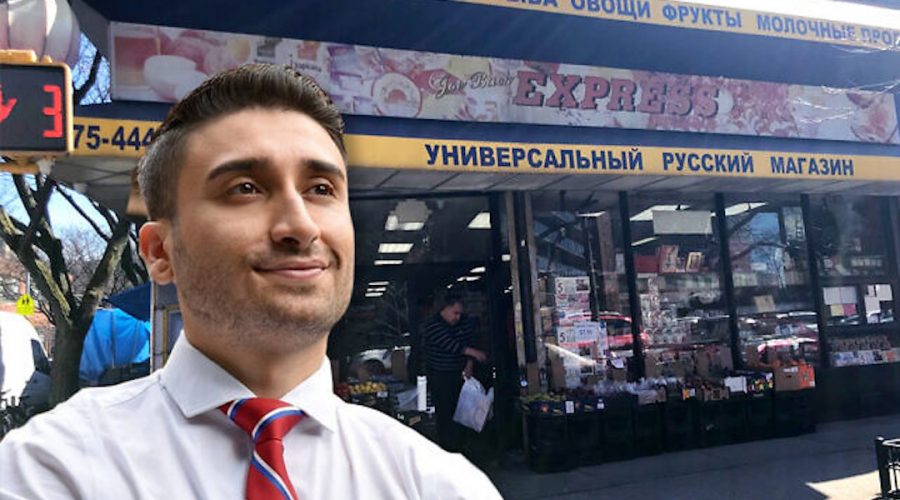 City Council candidate David Aronov wants to be the first Bukharian-American to hold office in New York. Background: A Bukharian supermarket in the Rego Park section of Queens. (davidforqueens.com; Lauren Hakimi. Jewish Week montage by Janice Hwang)