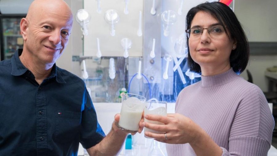Ben-Gurion University of the Negev Prof. Raz Jelinek and PhD student Orit Malka with their probiotic yogurt in a BGU lab. Photo by Dani Machlis