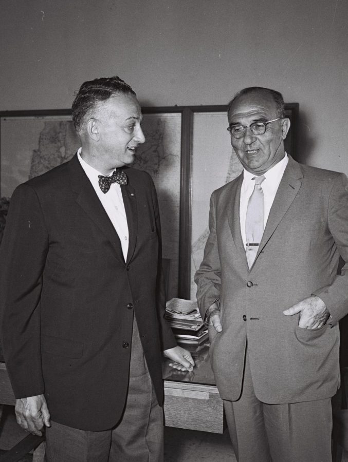 Finance Minister Levi Eshkol (right) meets with Arthur Levitt, the New York state controller, in Jerusalem in 1959.