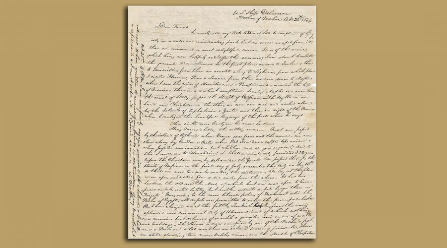  The first page of a newly discovered letter written by a passenger of the USS Delaware in 1834, following one of the first American voyages to Palestine. (Courtesy of Kedem Auction House, Jerusalem)
