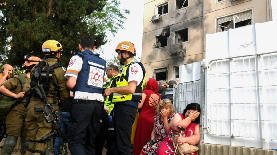 The scene outside an Ashkelon apartment building hit by a rocket fired from the Gaza Strip on May 11, 2021. Photo by Flash90
