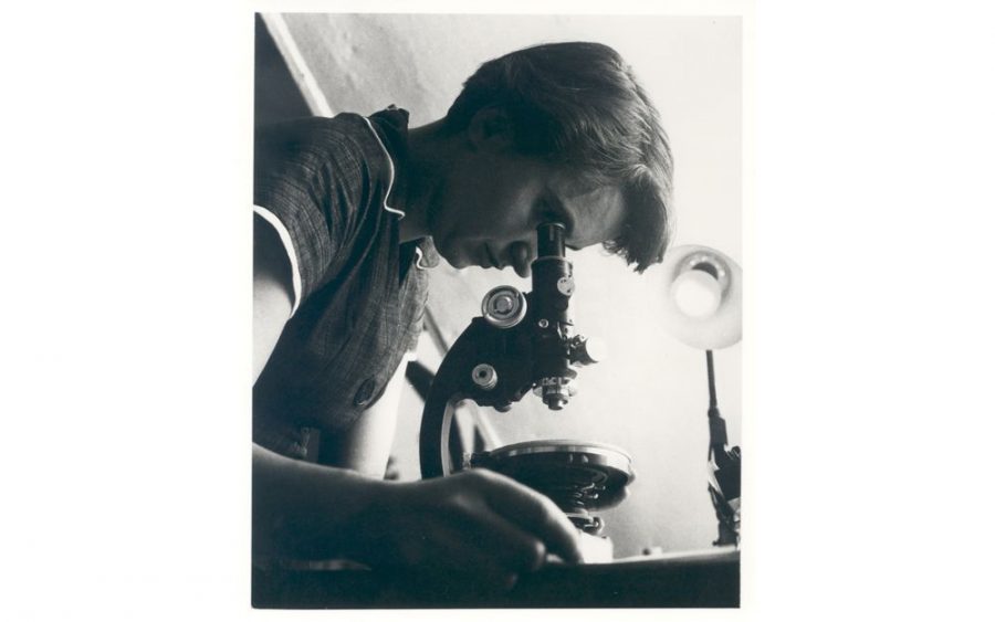 Rosalind Franklin with microscope in 1955. Photo: MRC Laboratory of Molecular Biology, from the personal collection of Jenifer Glynn. Wikimedia Commons (https://commons.wikimedia.org/wiki/File:Rosalind_Franklin.jpg)