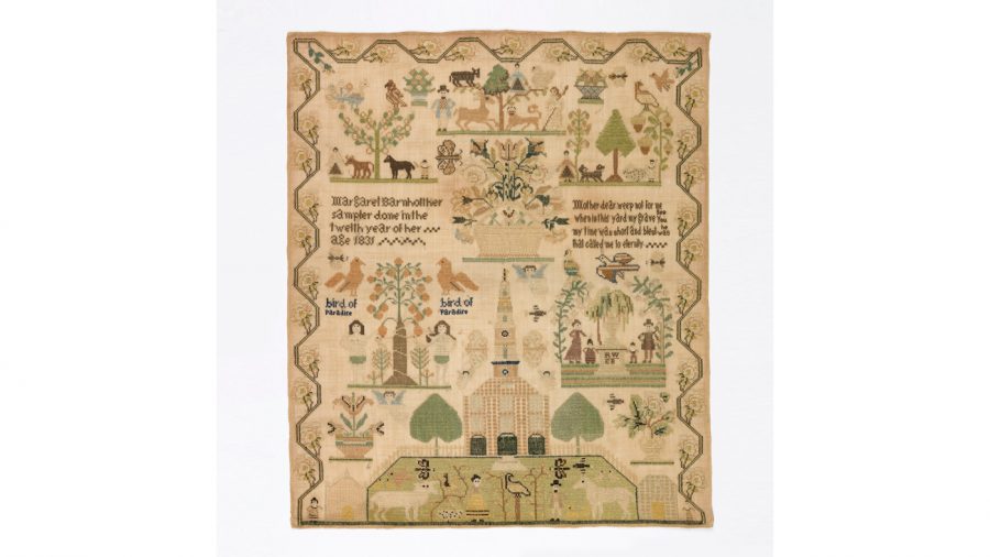 Sampler (USA), 1831, by an unknown artist. A sampler with six scenes: a church with a garden, figures, animals, birds and butterflies in front; the garden of Eden with Adam and Eve; and a mourning scene with a weeping willow, and funerary urn, and four figures, two adults and two children. Three additional scenes show figures with animals and trees. With a rose vine border. The verse reads: Mother dear weep not for me When to this yard my grave you see my time was short and blest was he that called me to eternity
From the collection of the Cooper Hewitt, Smithsonian Design Museum