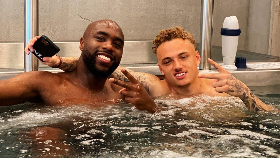 Noa Lang, right, and a teammate enjoy a bubble bath in Brugge, Belgium, May 21, 2021. (Brugge FC)