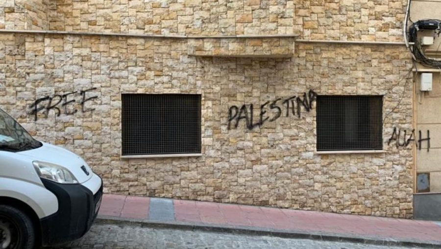 A+pro-Palestinian+slogan+and+the+acronym+for+a+praise+for+Allah+on+the+wall+of+the+synagogue+in+Cueta%2C+Spain+on+May+12%2C+2021.+%28FJCE%29%0A