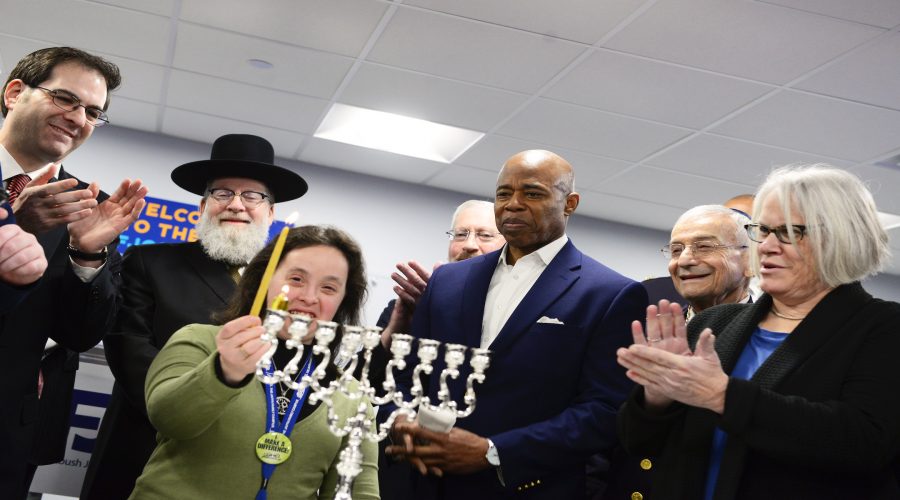 Brooklyn Borough President Eric Adams, seen at a Hanukkah event in 2019, has been counting on support from Brooklyn’s Orthodox community in his race for New York City mayor. (Office of the Brooklyn Borough President/Flickr)