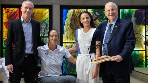 Paralympic rower Moran Samuel and Olympic rhythmic gymnast Linoy Ashram, two of Israel’s leading medal contenders for the Tokyo Games, with Minister of Culture and Sports Hili Tropper and former Israeli President Reuven Rivlin at the Presidents Residence in Jerusalem on June 23, 2021. Photo by Olivier Fitoussi/Flash90