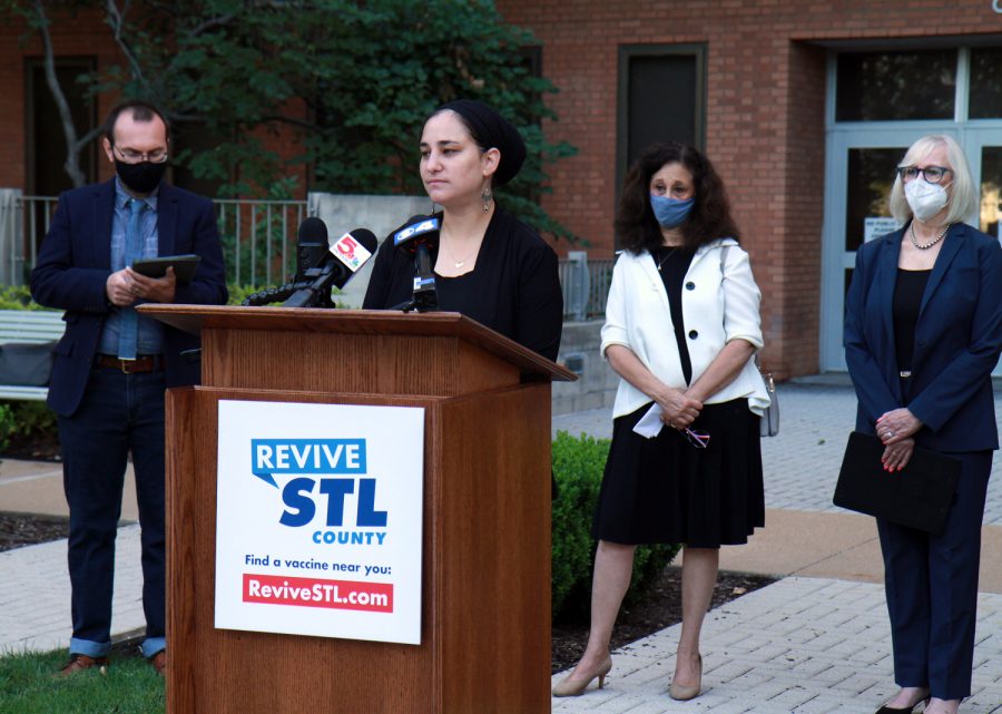 Maharat Rori Picker Neiss, executive director of Jewish Community Relations Council of St. Louis, speaks at a press conference on Monday, Aug. 16, 2021 at the Lawrence K. Roos Government Building in Clayton. 