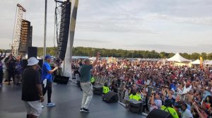 Senate Majority Leader Chuck Schumer (center) raps alongside Bronx Borough President Ruben Diaz Jr. (in blue shirt) at a It’s Time For Hip Hop In NYC concert in The Bronx, Aug. 15, 2021. (Courtesy @rubendiazjr)
