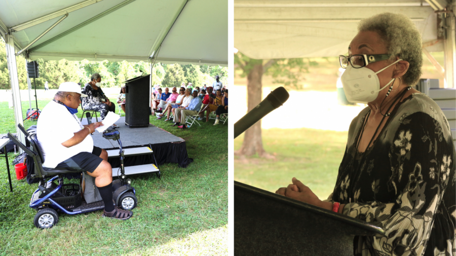 Allen Venable II (left) and Rossalind Woodhouse (right) speak at a Sept. 18 ceremony to rededicate a Creve Coeur park as Dr. H. Phillip Venable Memorial Park in honor of Allen and Rossalinds uncle, who was not able to move into the suburb because of residents discriminatory efforts. (Photos by Bill Motchan)