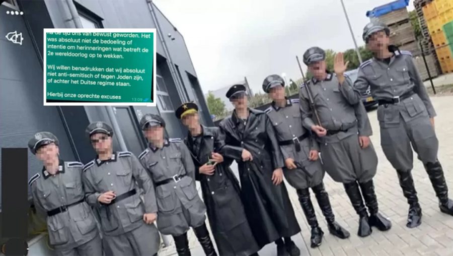 Men wear Nazi uniforms during a COVID-19 protest in the Netherlands city of Urk, Sept. 10, 2021. (Hart van Nederland)