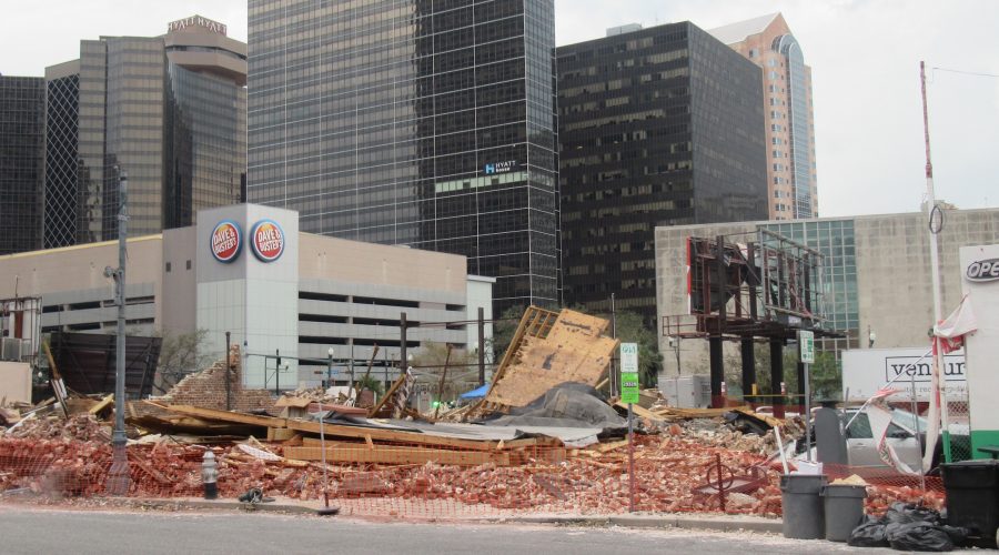 A view of the destroyed Karnofsky family building where Louis Armstrong was a regular guest in New Orleans, Louisiana on Aug. 31, 2021. (Alan Smason/Crescent City Jewish News)