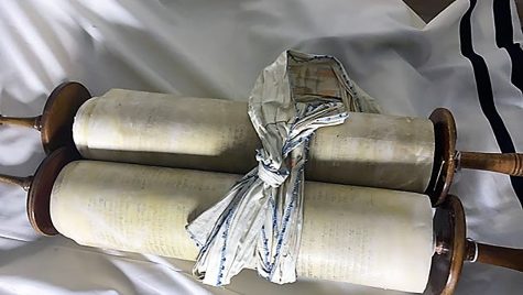 A Torah scroll that the Nazis stole from a Czech congregation on display at The Memorial Scrolls Trust in London. (Courtesy of the European Union for Progressive Judaism)