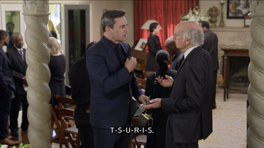 Jon Hamm and Larry David discuss Yiddish words during the first episode of Season 11 of Curb Your Enthusiasm. (Screenshot from HBO)
