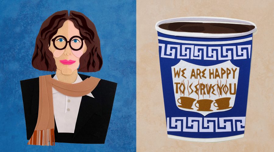 Sam Sidneys felt portraits of Fran Lebowitz, left, and an iconic New York City coffee cup are featured in New York Never Felt So Good, at Manhattans Eerdmans gallery. (Courtesy of Eerdmans New York)