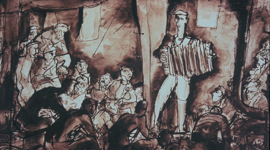Detail from Entertainment, a drawing of the Terezín concentration camp by Bedřich Fritta, from 1943. Collection of Thomas Fritta Haas. (Our Will to Live by Mark Ludwig, published by Steidl)