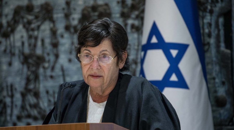Supreme Court President Miriam Naor speaks during a swearing-in ceremony for newly appointed judges for the Supreme Court at the Presidents residence in Jerusalem, Jun. 13, 2017. (Yonatan Sindel/Flash90)