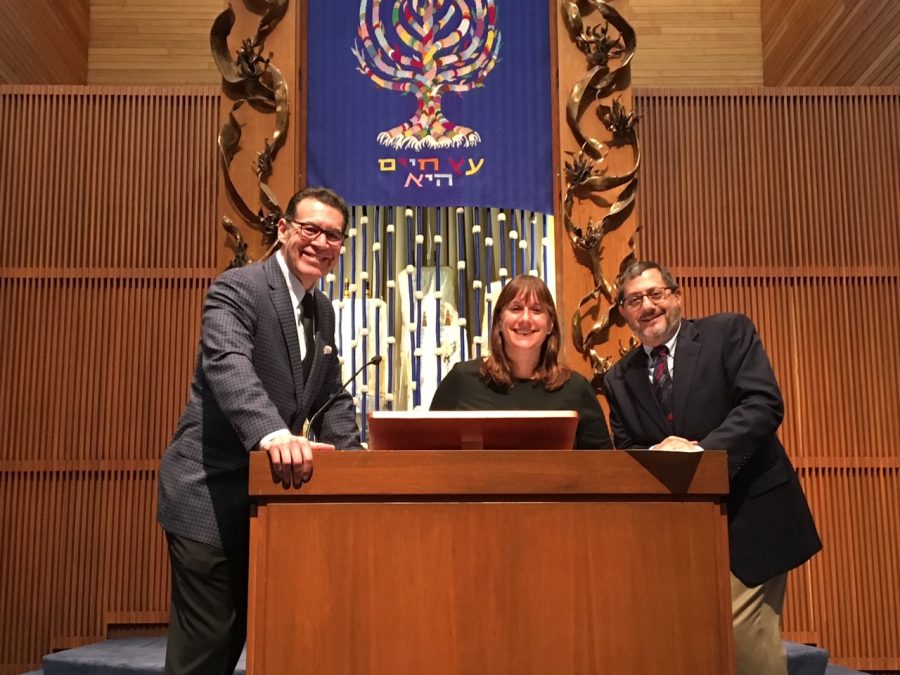 Cantor Ronald Eichaker, Rabbi Brigitte Rosenberg and Alden Solovy at United Hebrew Congregation. Solovy will once again serve as liturgist-in-residence at UH. 