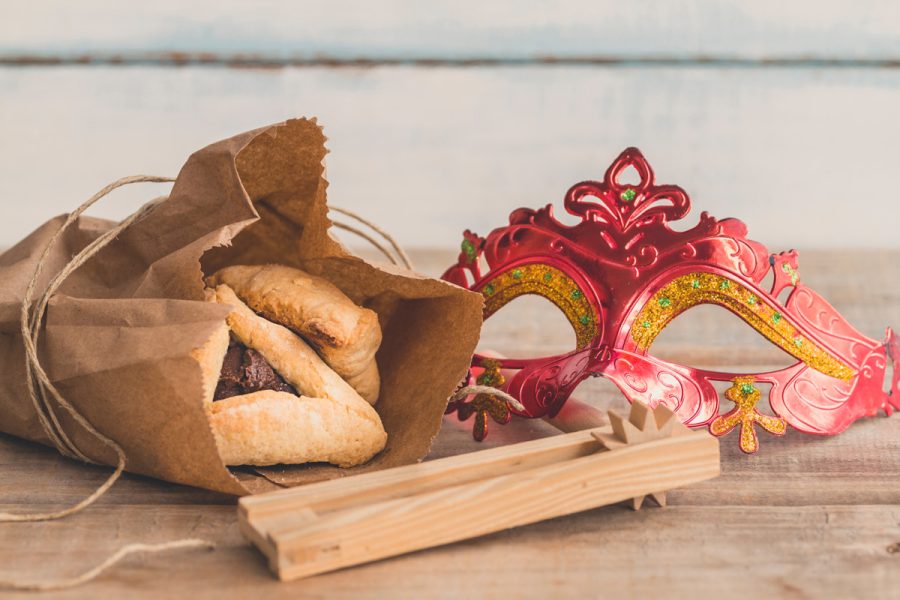 Purim jewish holiday composition with hamantaschen, purim mask a